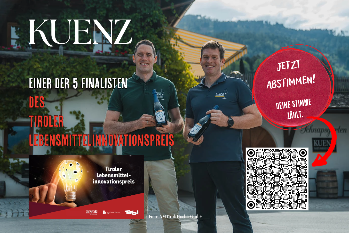 🗳️ Wir sind nominiert! 🎉 Unser KUENZ FRIZZANTI 0,0 % unter den 5 Finalisten beim Lebensmittelinnovationspreis Tirol. Jetzt brauchen wir eure Stimme! ❤️